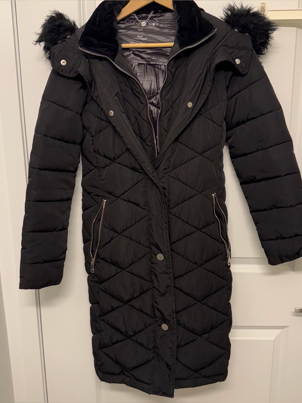 Calvin Klein Black Quilted Long Puffer Coat with Faux-Fur Trim